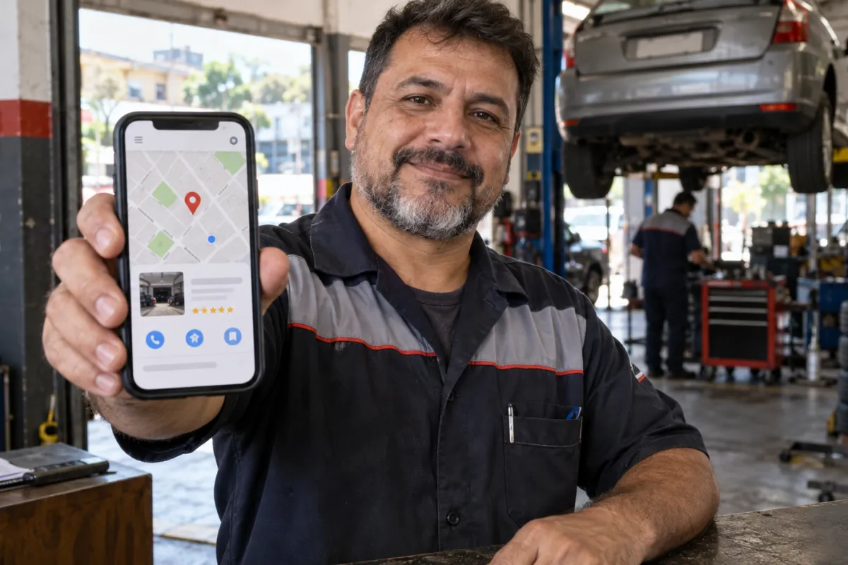 Dono de oficina mecânica no balcão mostrando no celular a ficha da oficina no Google Maps