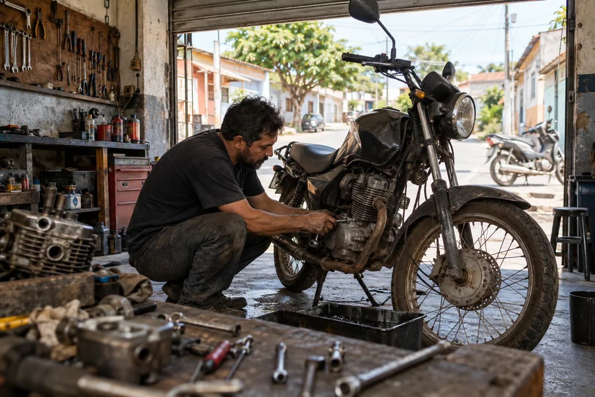 Ilustração de uma oficina de motos de bairro, com fachada sem texto e uma motocicleta na entrada