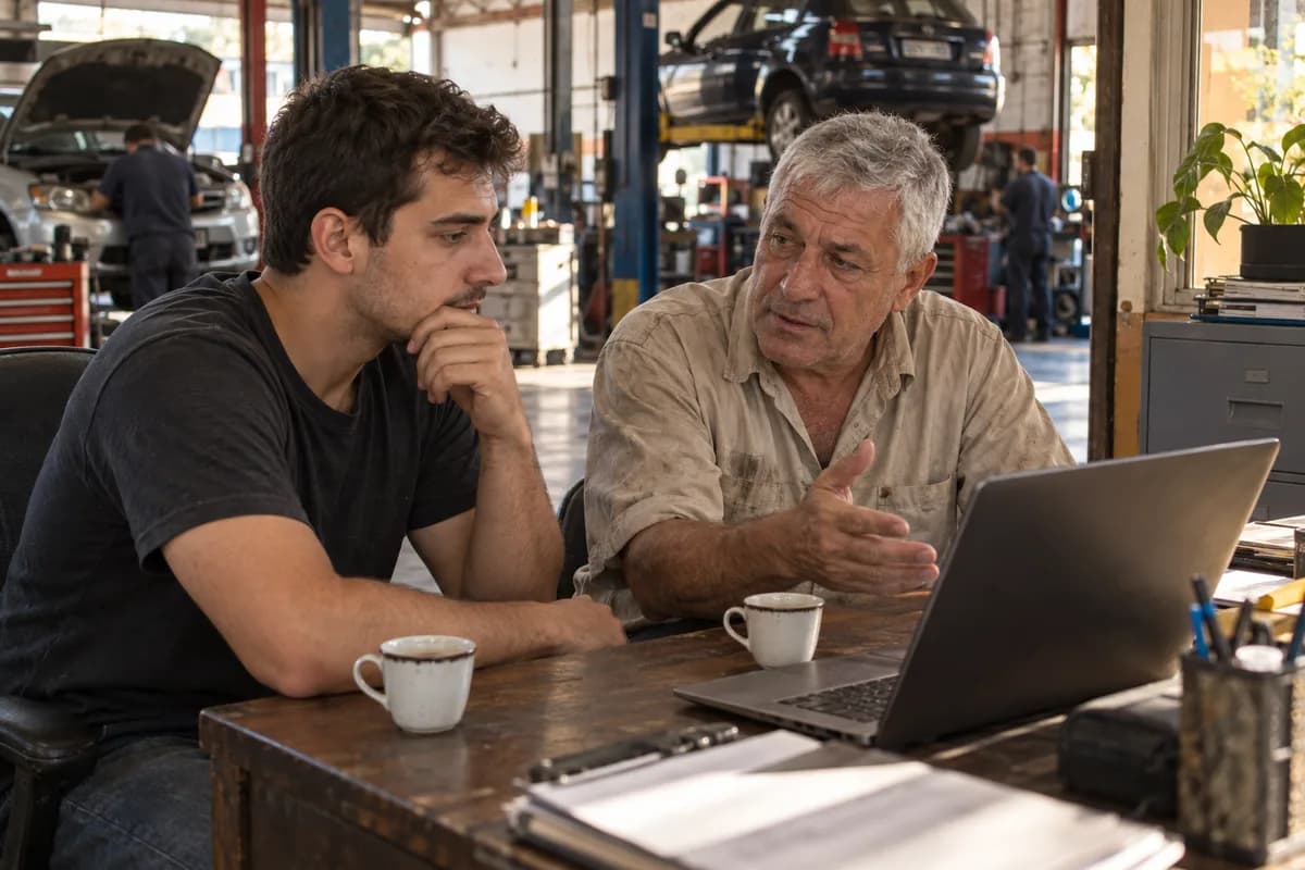 Dono de oficina e o filho conversando na mesa do escritório, com o notebook aberto