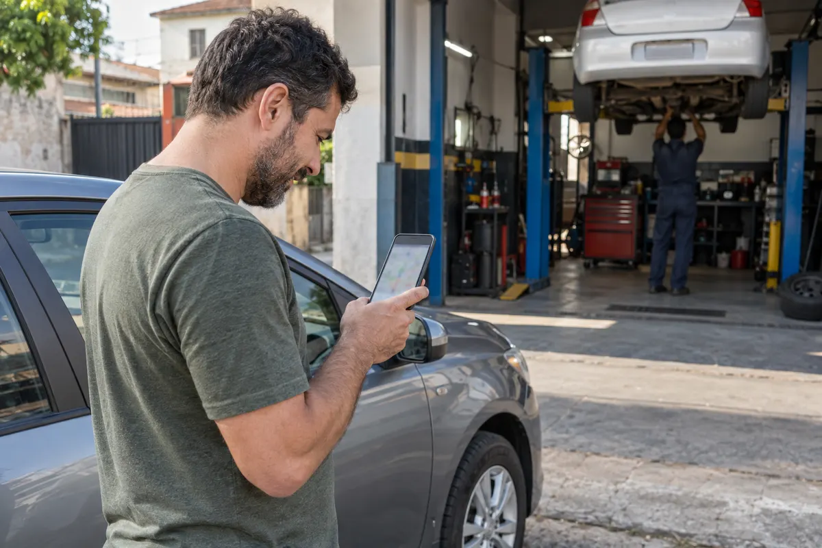 Cliente ao lado do carro em frente a uma oficina mecânica consultando o celular para encontrar o endereço