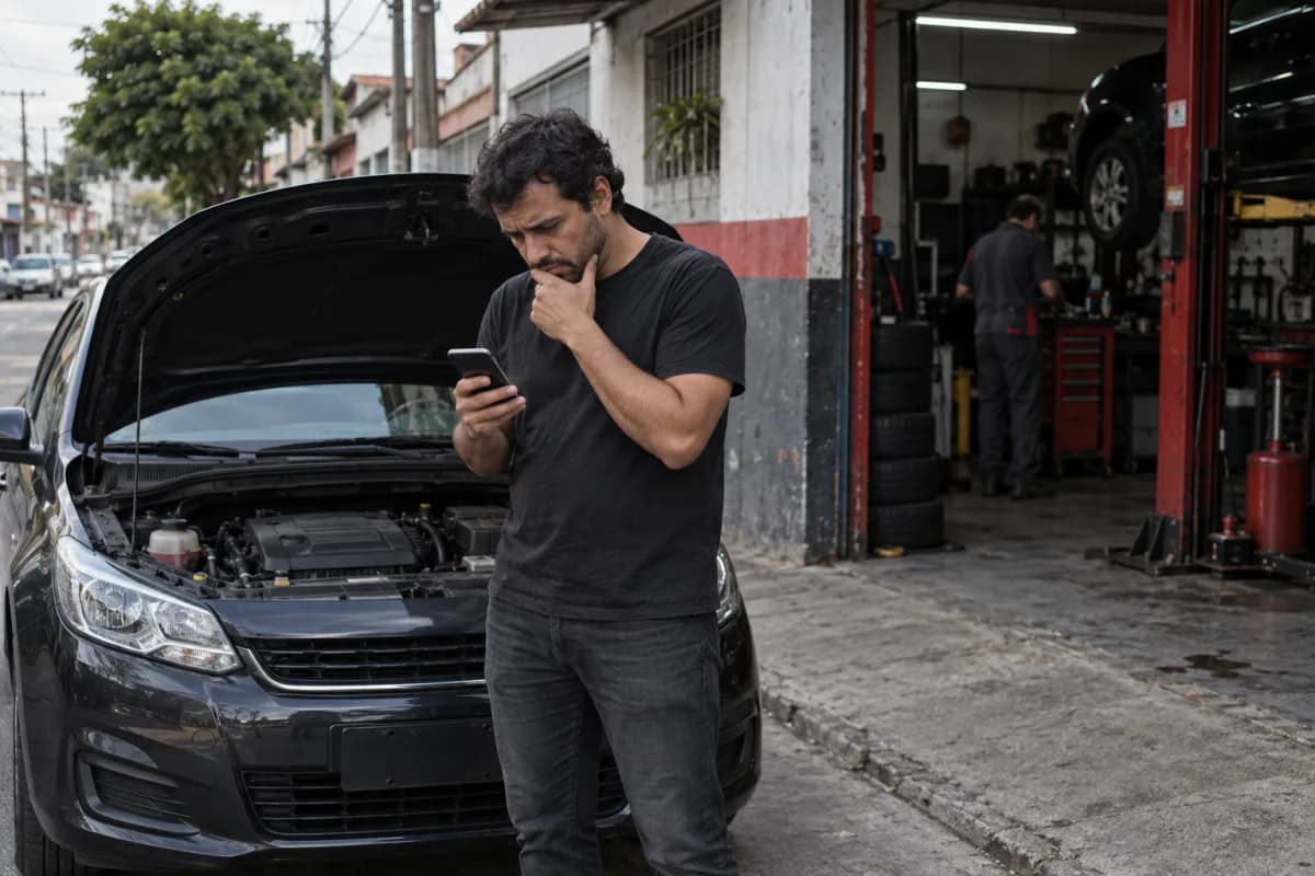 Motorista com o capô do carro aberto procurando uma oficina no celular, com um mecânico trabalhando ao fundo