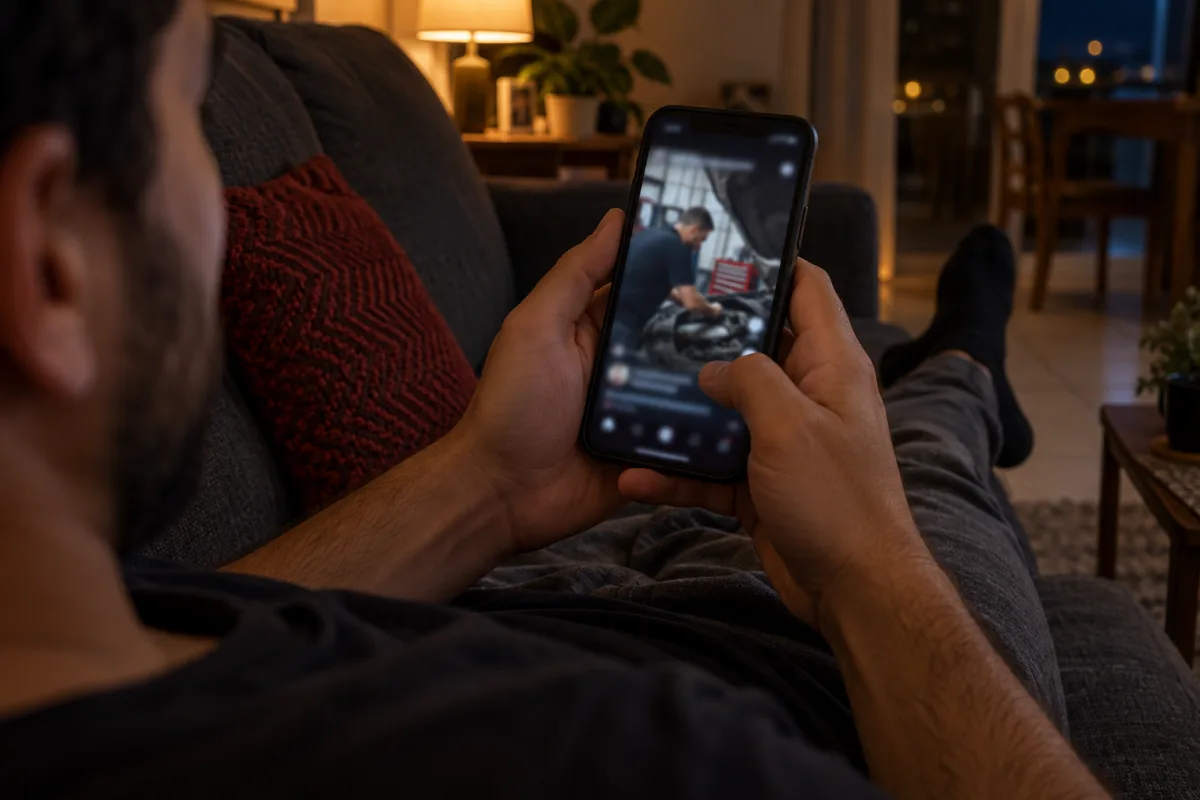 Pessoa em casa à noite vendo no celular um vídeo curto de um mecânico trabalhando na oficina