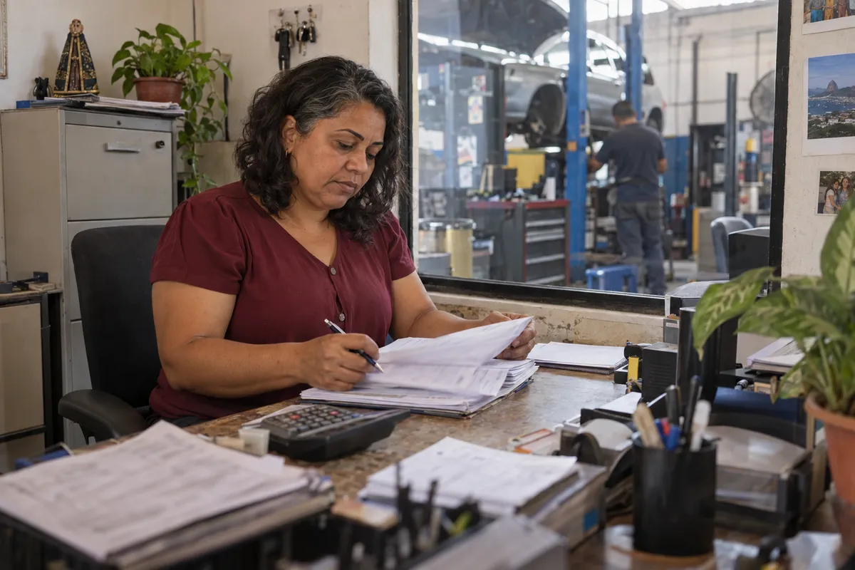 Dona de oficina somando ordens de serviço do mês na mesa do escritório