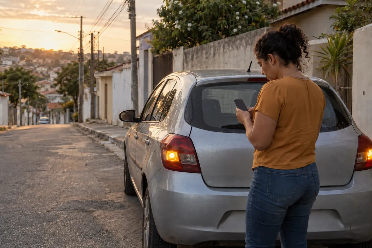 Motorista com o carro parado procurando oficina pelo celular