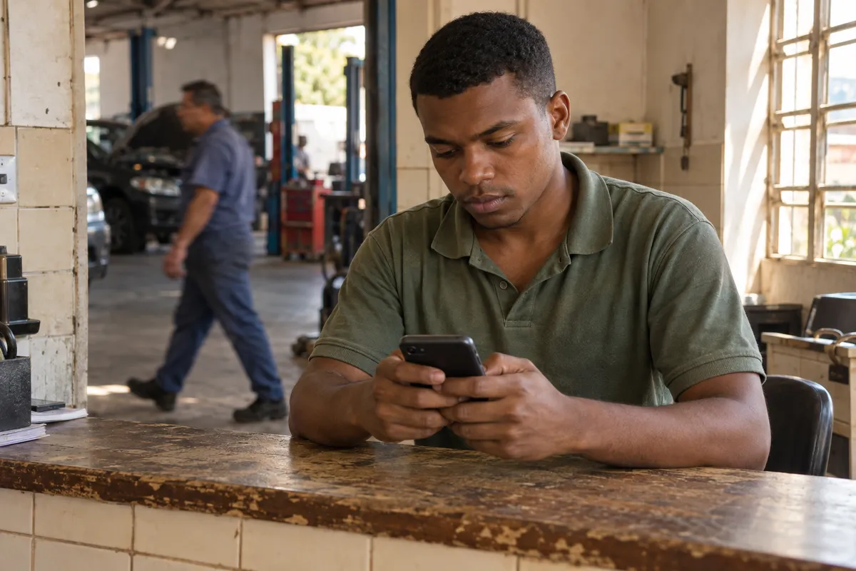 Atendente de oficina respondendo mensagem de cliente no celular no balcão