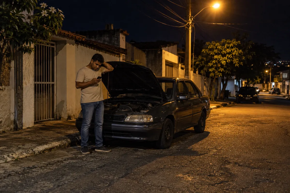 Motorista à noite com o capô aberto procurando ajuda no celular