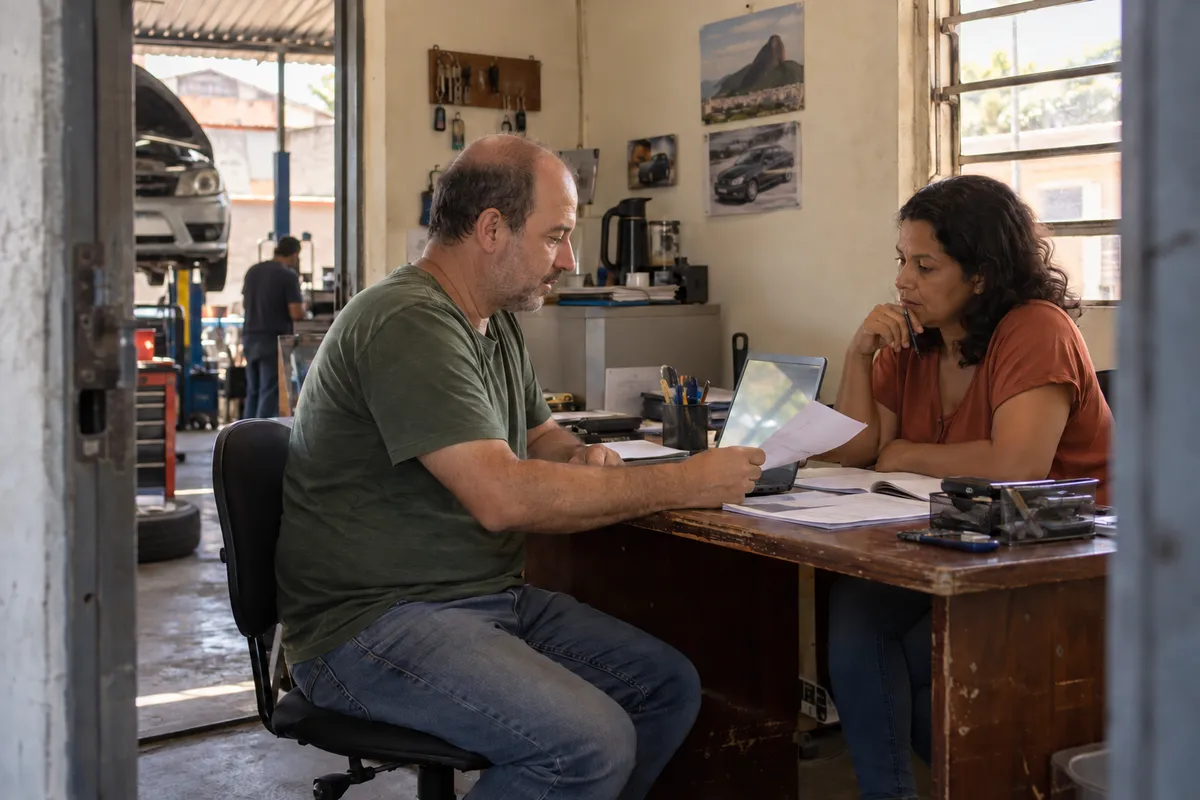 Dono de oficina e esposa conversando sobre as contas do mês no escritório