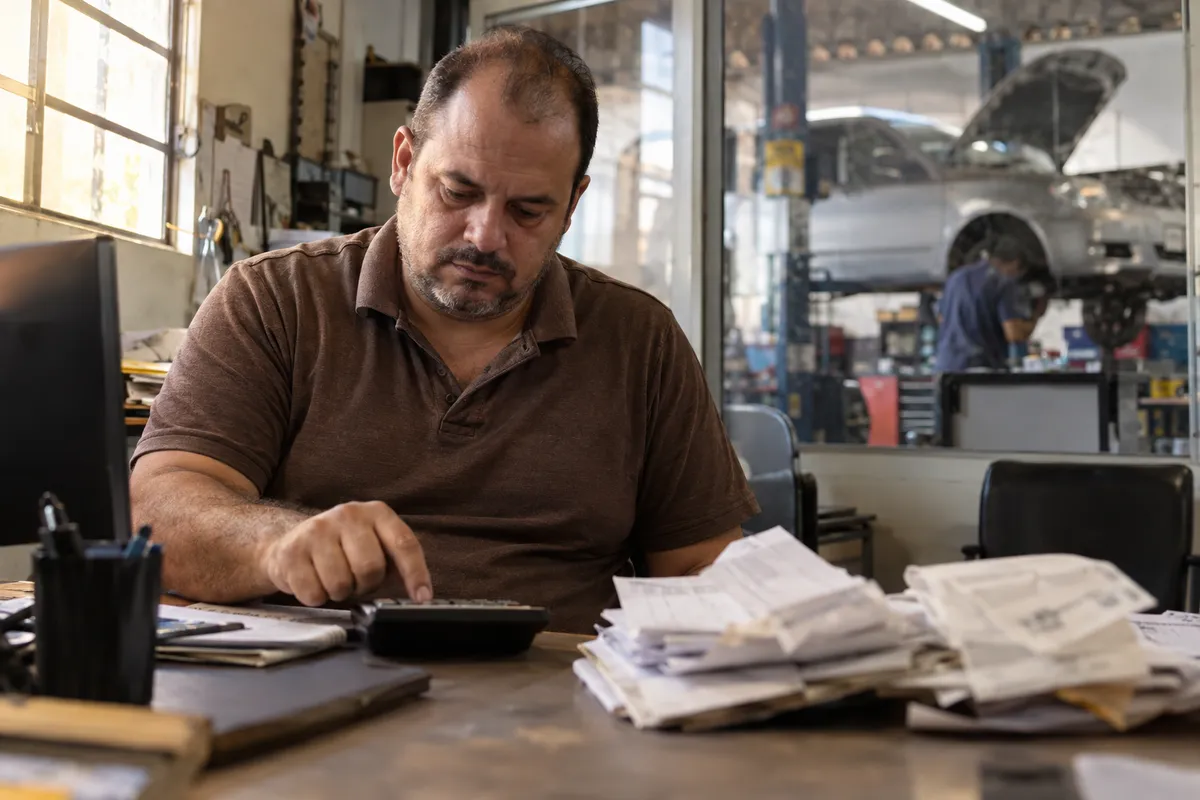 Dono de oficina fazendo contas na calculadora com as notas do mês