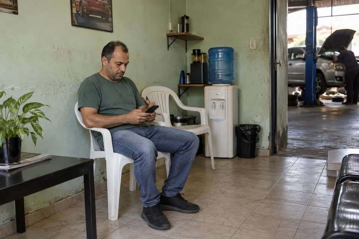 Cliente na sala de espera da oficina mexendo no celular