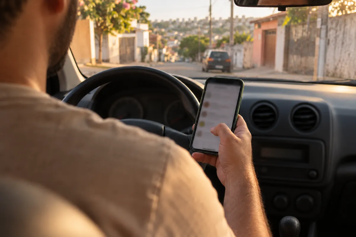Mão segurando o celular dentro do carro antes de pedir orçamento