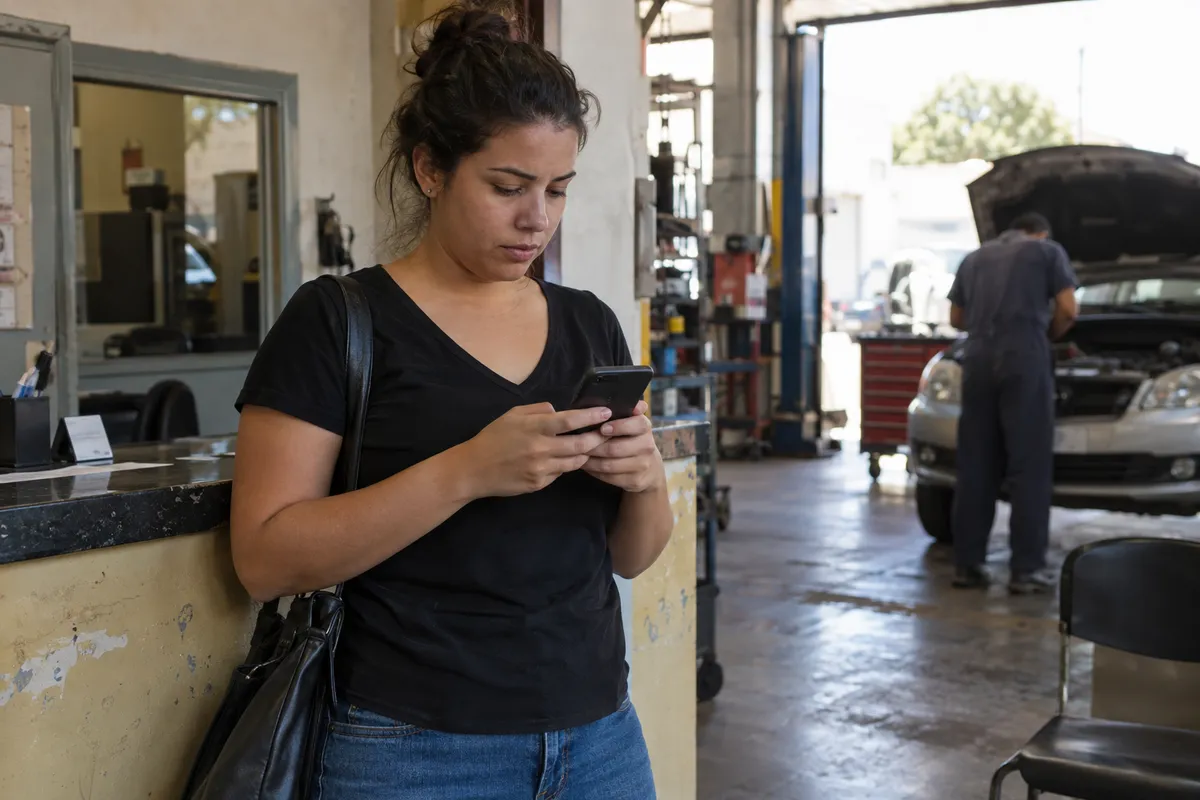 Motorista preenchendo pedido de orçamento no celular dentro da oficina