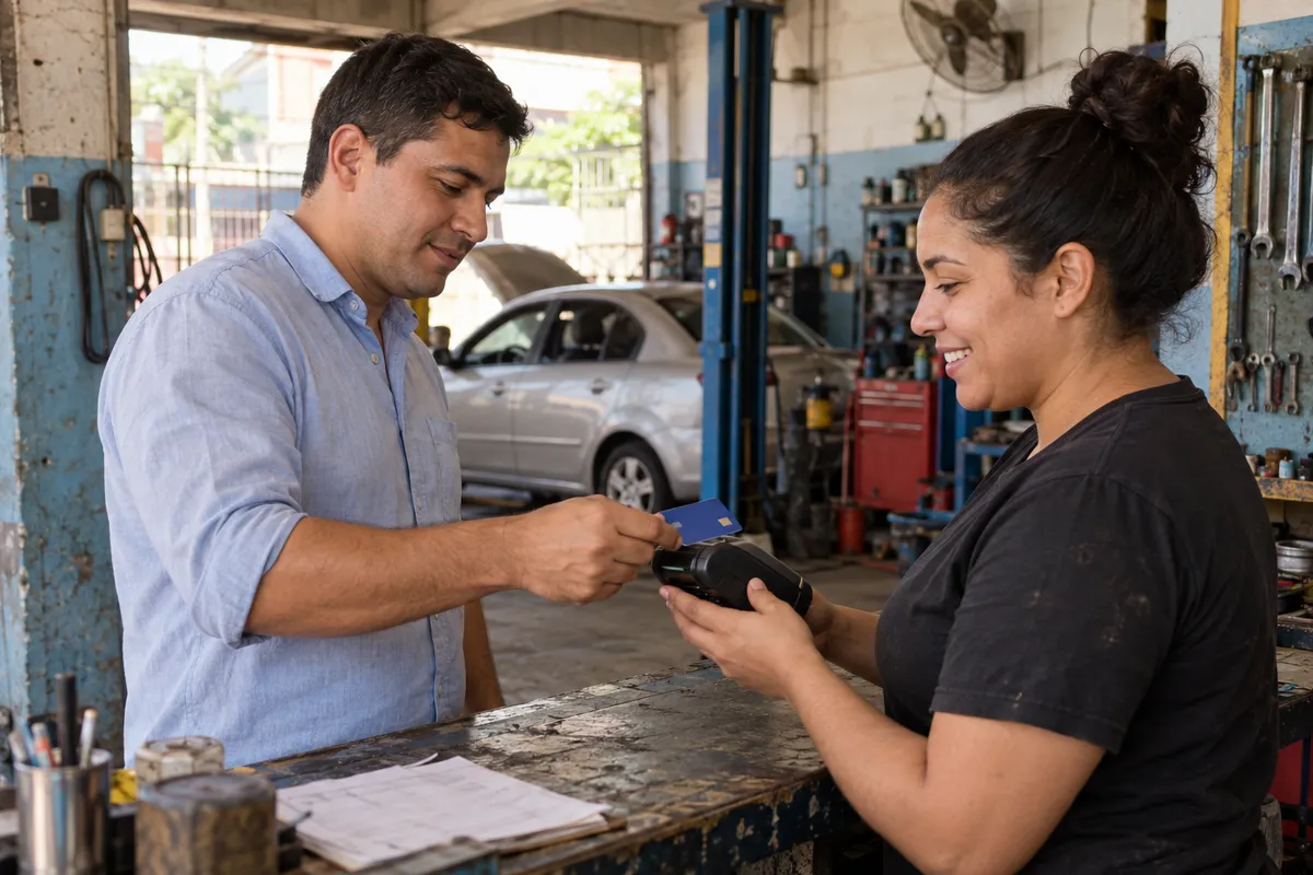 Cliente pagando o serviço no balcão da oficina