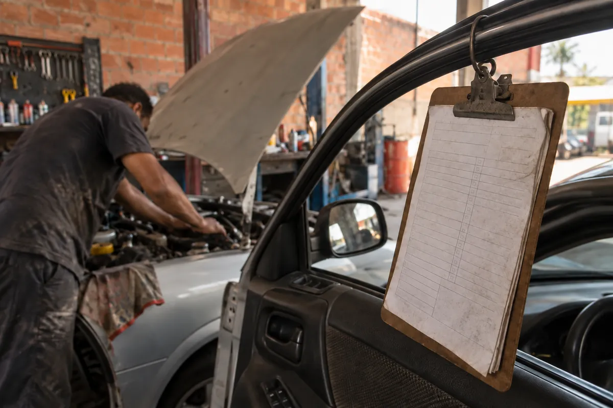 Ordem de serviço presa na prancheta ao lado do carro em manutenção