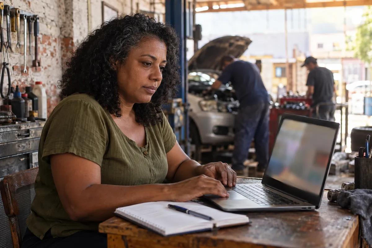 Dona de oficina conferindo no notebook de onde vieram os clientes da semana