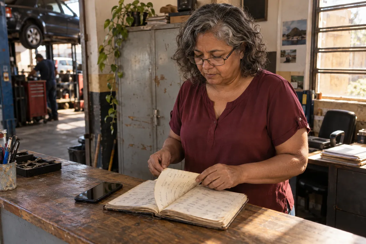 Dona de oficina revisando a lista de clientes antigos no caderno