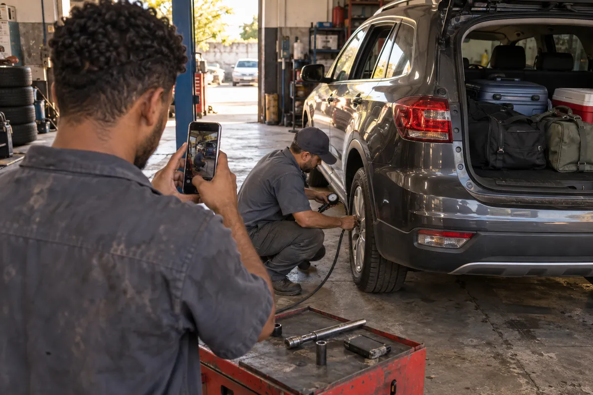 Mecânico gravando vídeo curto de uma revisão antes da viagem de férias