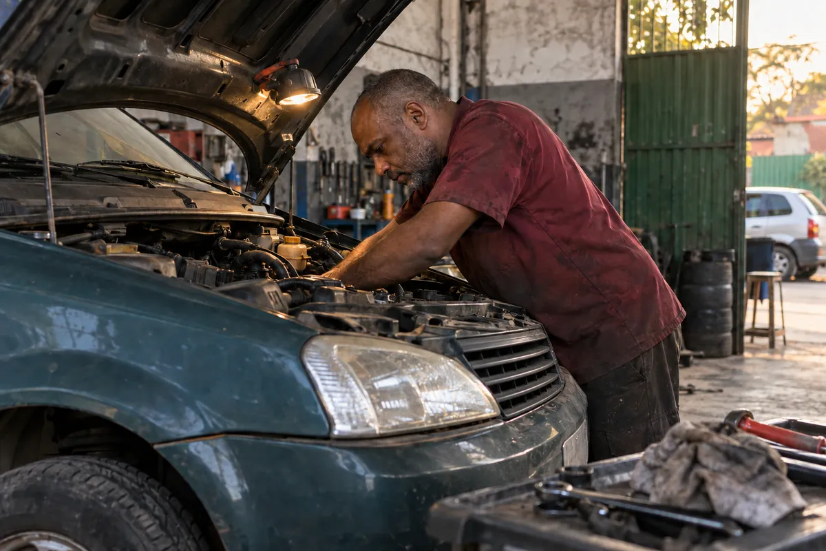 Mecânico revisando o motor de um carro popular na oficina
