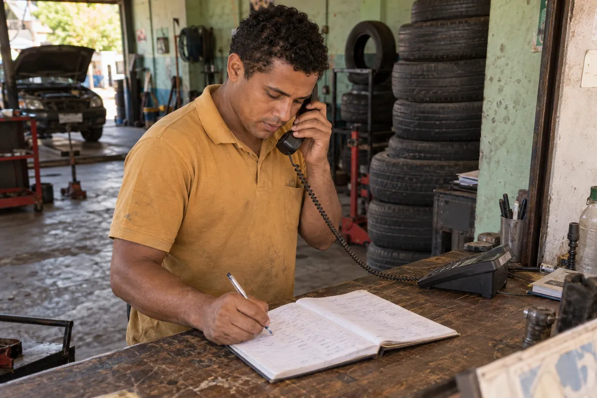 Atendente anotando de onde veio o cliente no caderno do balcão